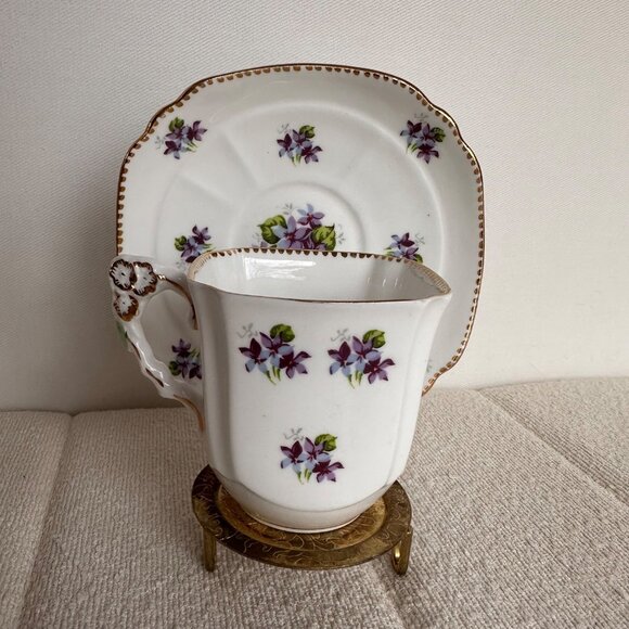 Vintage Royal Stafford Sweet Violets Square Tea Cup & Saucer Set Bone China Gold - Picture 6 of 11